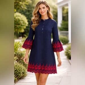 J. Crew‎ dark blue red eyelet embroidered 1/4 buttoned split colllar dress Sz S